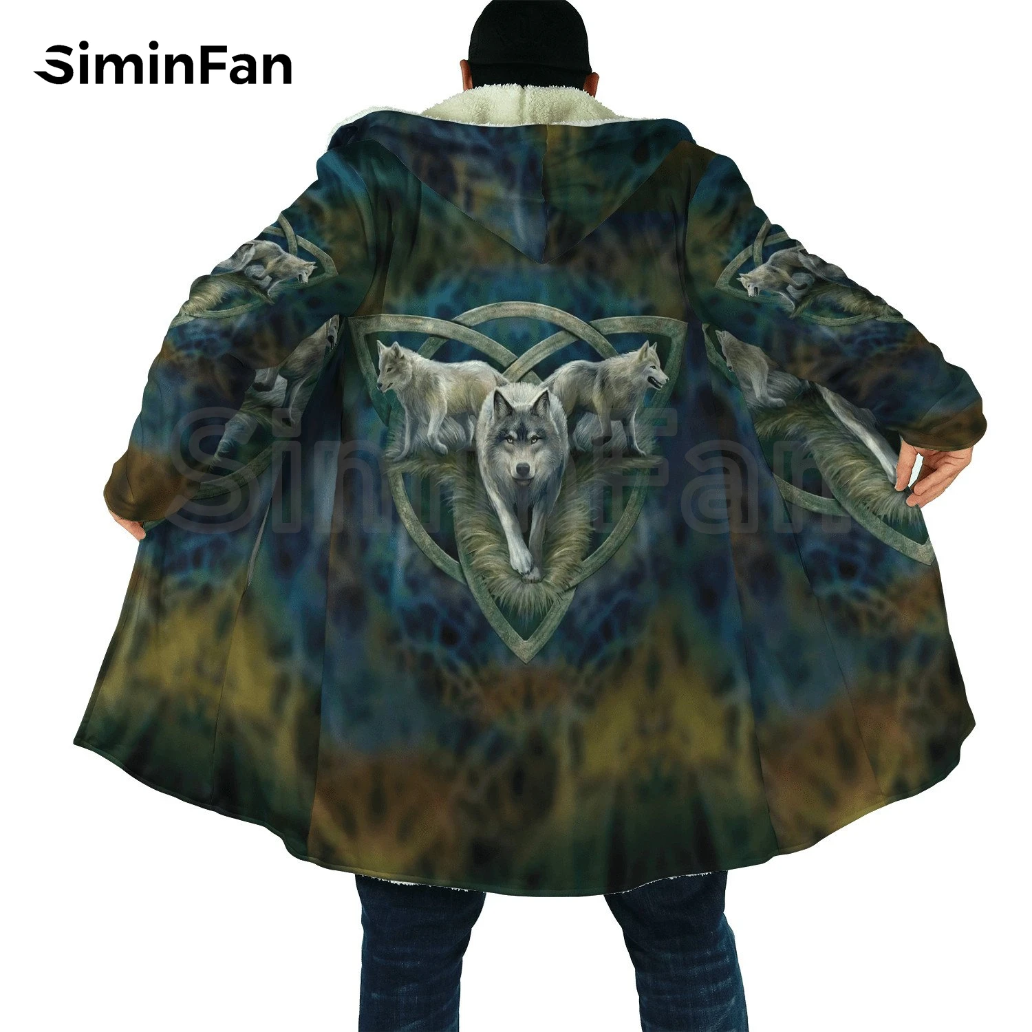 Tribal Style Night Wolf 3D Printed Mens Hooded Cloak Windbreaker Winter Thick Flannel Coat Unisex Casual Cashmere Warm Jacket H3