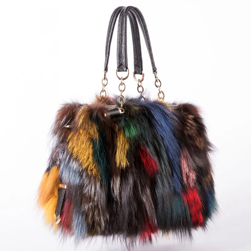 Sac à main de luxe en cuir pour femmes, en vraie fourrure de renard, multicolore, marque de fête, à bandoulière, de styliste, de soirée