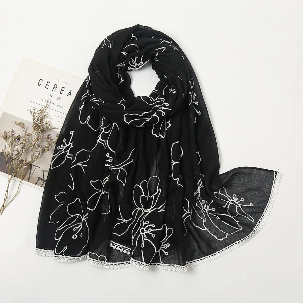 Plain Embroider Lace Floral Viscose Shawl Scarf Lady High Quality Stitch Hijabs and Wraps Pashmina Stole Foulards Muslim Sjaal