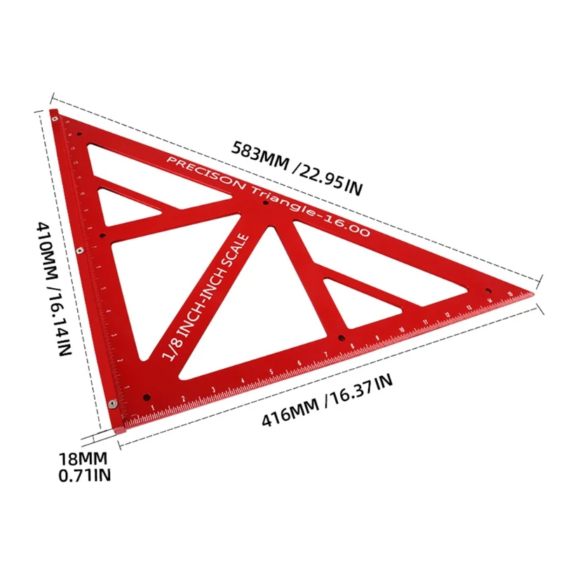 K1KA Practical Aluminum Alloy Triangular Angle Ruler 16 Inch Woodworking Measure Tool 45/90 Degrees Gauge with Precise Scale