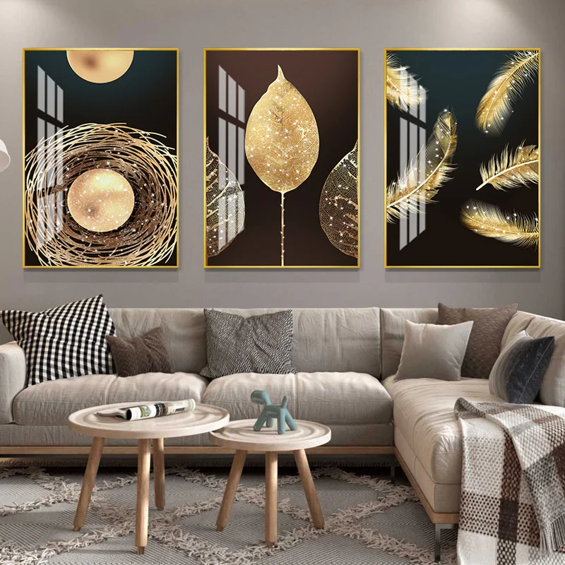 Golden Feather Painting Leaf Crystal Porcelain Painting Hotel Living room Home Mirror surface decorative pictures Back to nature