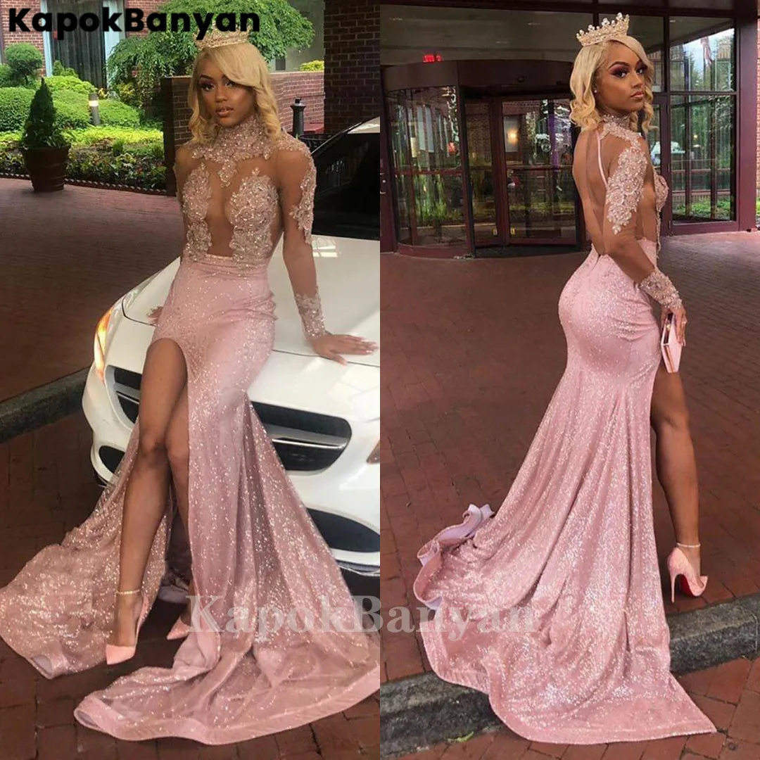 Roze Hoge Hals Transparante Tule Pailletten Split Mermaid Prom Dress Shiny Applique Sexy Party Gown