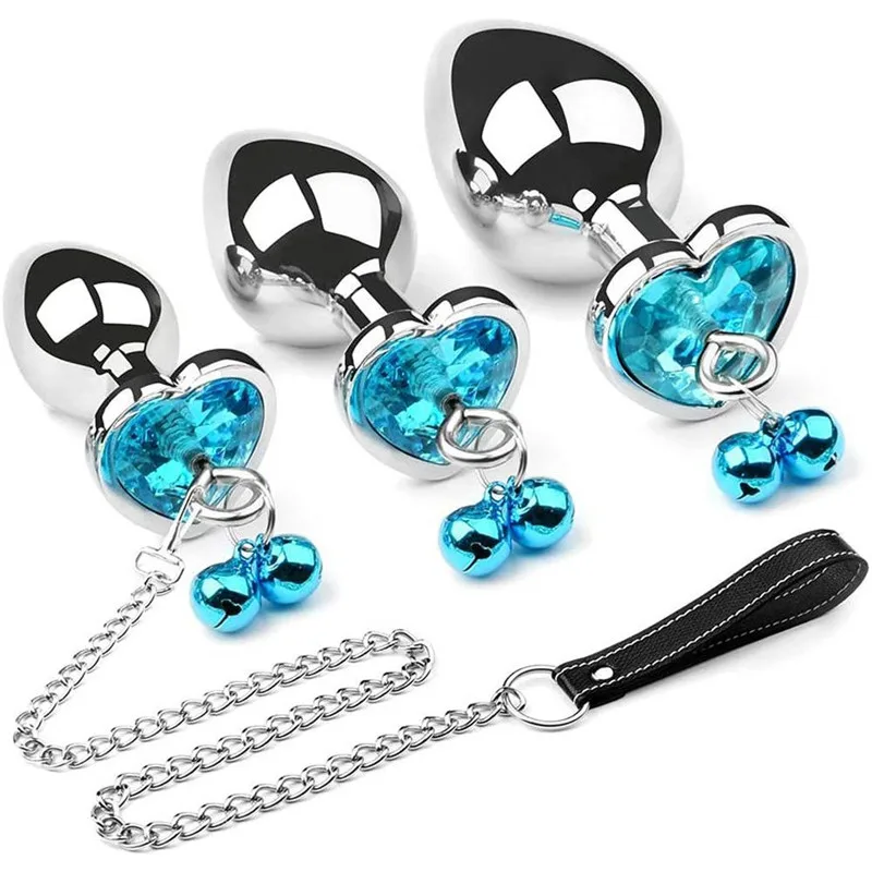 Crystal Heart Buttplug Stainless Steel Leash Chain Anal Plug Bells Pendant Prostate Massager SM Erotic Sex Toys For Women Men