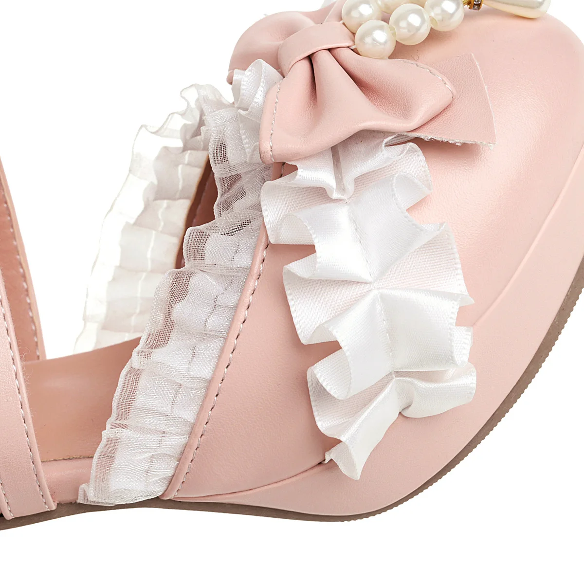 Side Empty High Heels Women Dress Shoes Ankle Strap String Bead Pearl Princess Cosplay Lolita Wedding Pumps Sweet Lace Edge Bow