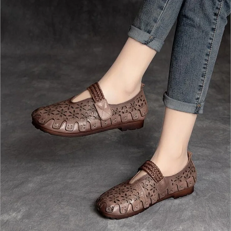 

Hand-sewn Genuine Leather Summer Shoes Woman Flats Hollow Breathable Hook&Loop Casual Flat Shoes Comfortable Women Shoes sandal