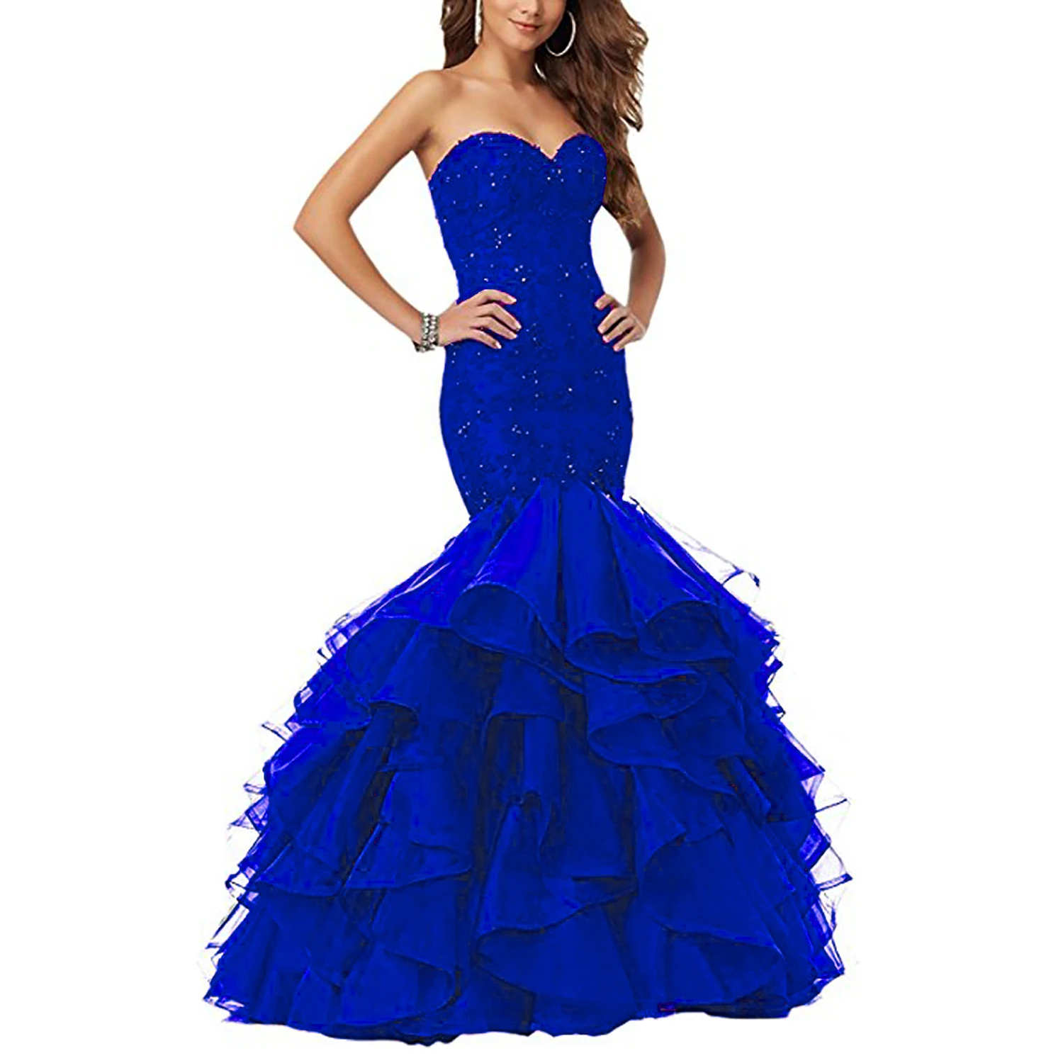 Royal Blau Sweetment Meerjungfrau Prom Kleid Perlen Spitze Sweep Zug Party Abendkleider robe de soiree femme gießen mariage