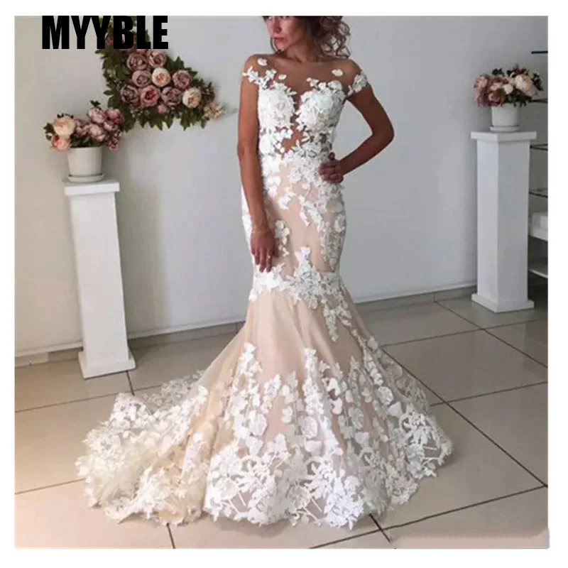 Customized Champagne Mermaid Wedding Dresses Backless  Robe de mariee Vintage Lace Bridal Gown Lace Up Back cheap contrast color