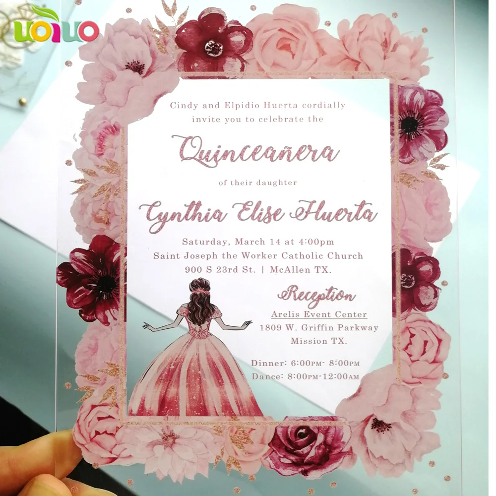 10pcs Colorful Printing Flower Quinceanera Invitation Card Acrylic Custom Wordings Birthday Invites image 3