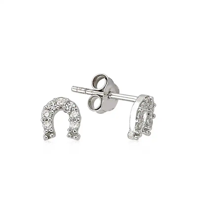 Silver Horseshoe Stud Earrings Zircon Stone 925 Sterling Women for Jewelry Wedding Party Birthday Gift - Box - Fashion Girl Accessories