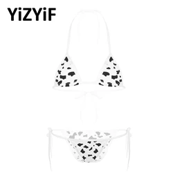 Women Lingerie Bikini Set Kawaii Style Milk Cow Dotted Or Striped Mini Bikini Sets Underwear Halter Neck Bra Top With Briefs