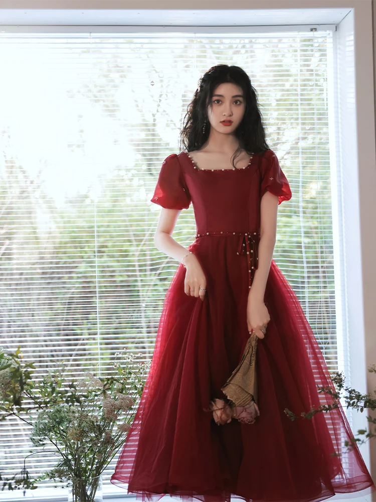 Vintage Burgundy Wedding Evening Dress Puff Sleeve A-Line Slim Tea-Length Engagement Party Gown Bride Fashion Toasting Dress