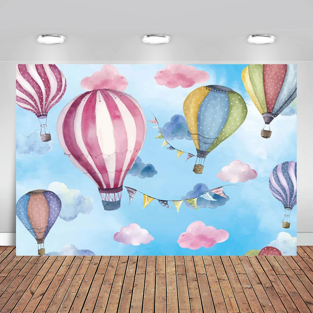 

Blue Hot Air Balloon Backdrop Sky Cloud Stars Travel Photography Background for Baby Shower Kids 1st Birthday Party Decoration