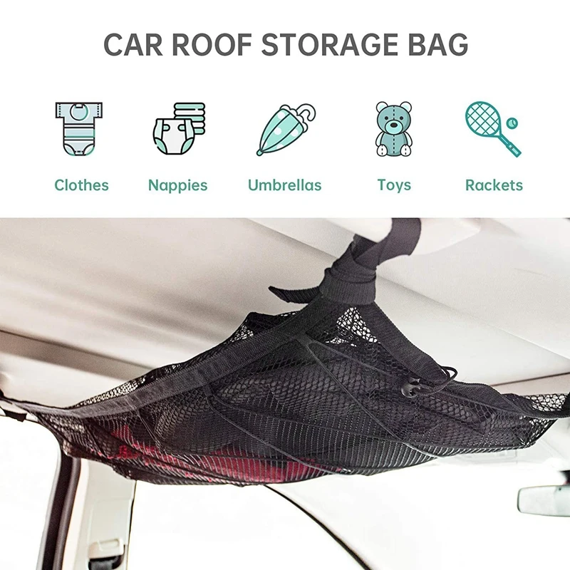 Car Ceiling Storage Net Pocket Roof Interior Cargo Net Bag Car Trunk Storage Pouch Sundries Storage Organizer Black