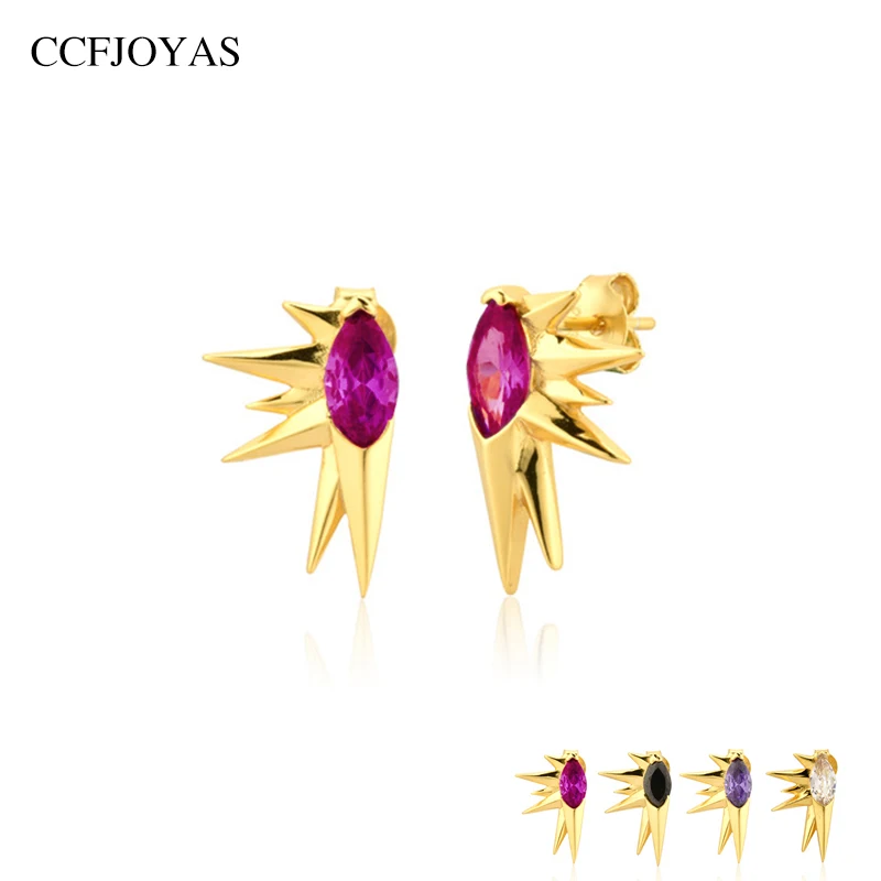 

CCFJOYAS Europen and American Punk awl 925 Sterling Silver Stud Earrings Simple Purple/white/black/rose red color Zircon Studs