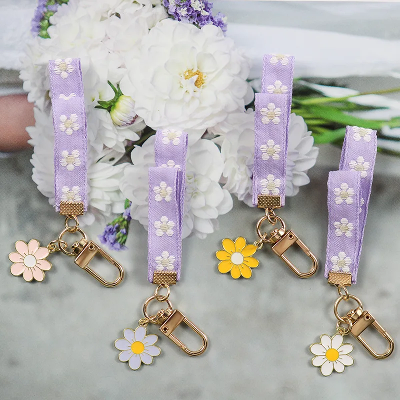 Fashion Elegant Purple Ribbon Keychain Simple Flower Keyring Korean Car Bag Ornament Bluetooth Headset Pendant Charm Accessories