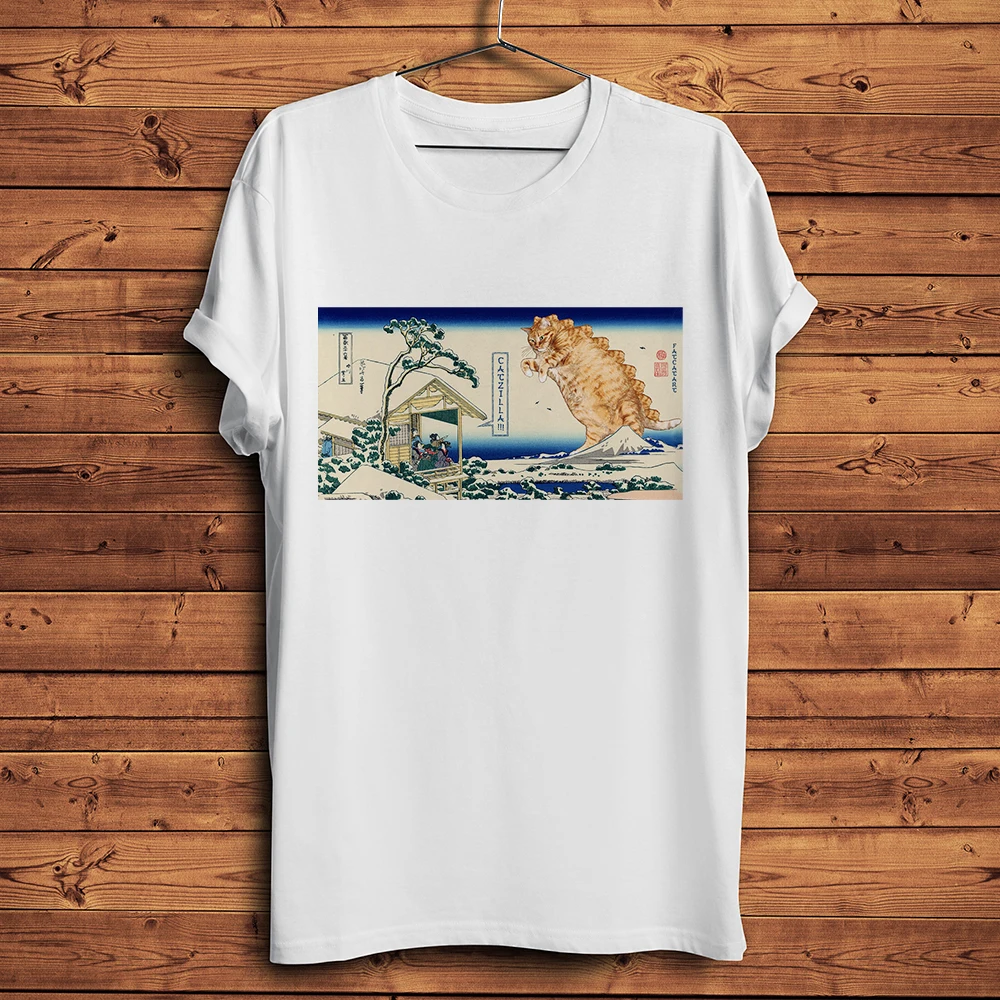 Japan Katsushika Hokusai Ukiyoe Tea house at Koishikawa cat kaiju t shirt men summer new white casual tshirt unisex streetwear