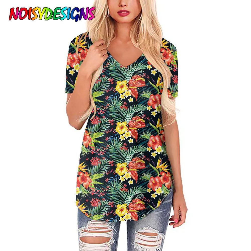 NOISYDESIGNS Women's Summer V Neck Casual T Shirts Loose Hawaiian Floral Prints T Shirt S-4XL 2021 Fashion Short Sleeve T-shirt