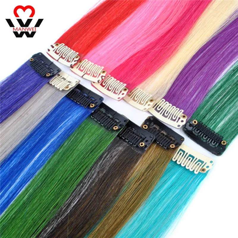 

MANWEI Long Straight Color Synthetic Hair Piece Hair Extensions Clip In High Temperature Rainbow Hair Streak Pink Synthetic Hair