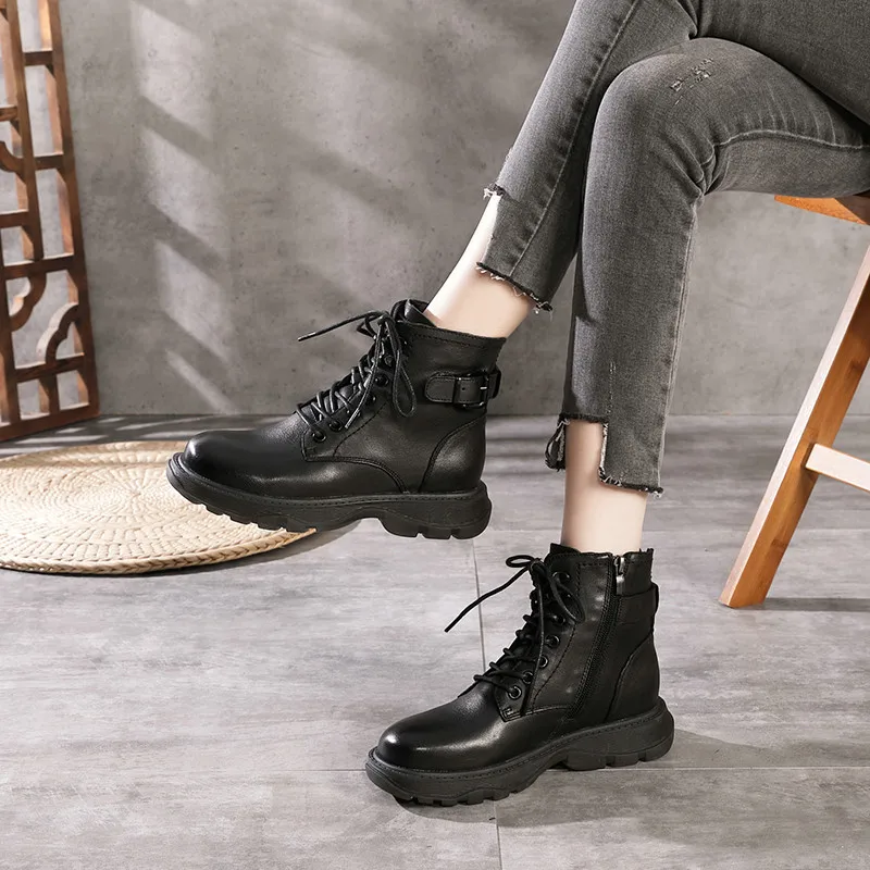 Ladies Lace Up Boots Women Round Toe Side Zipper Buckle Design Winter Genuine Leather Ankle Boots