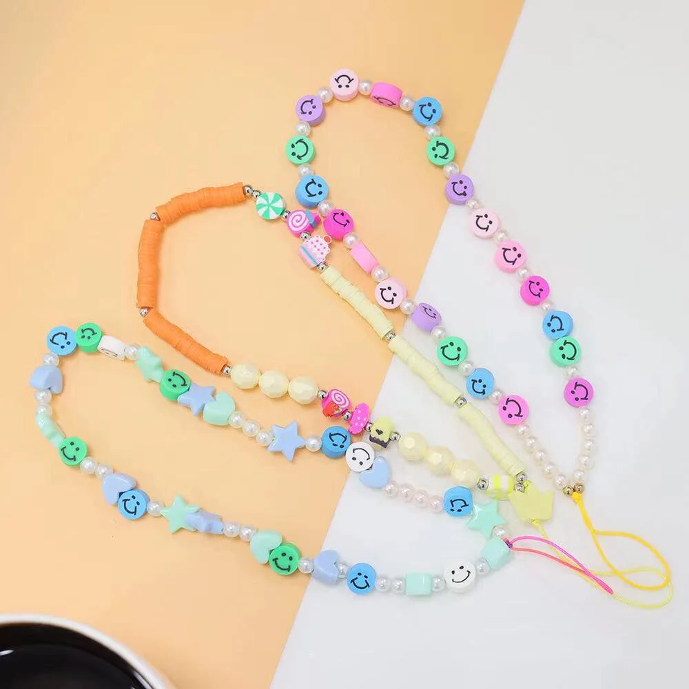 BLUE STAR Mobile Pearl Rope Cellphone Chains Phone Strap Lanyard Smile Face Disk Beads  For Women 2021 Fashion Accessories