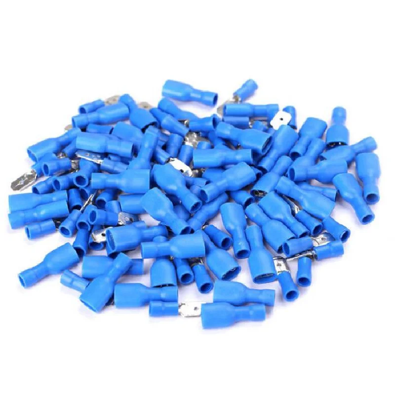 Nuevo 6,3mm 16-14AWG mujer hombre Conector de cableado eléctrico azul aislado crimpado pala Terminal azul FDFD2-250 MDD2-250