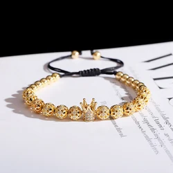 Luxury White CZ Crown Braided Bracelet Fashion Gold Color Carved Flower Copper Beads Bracelet Pulseira Masculina