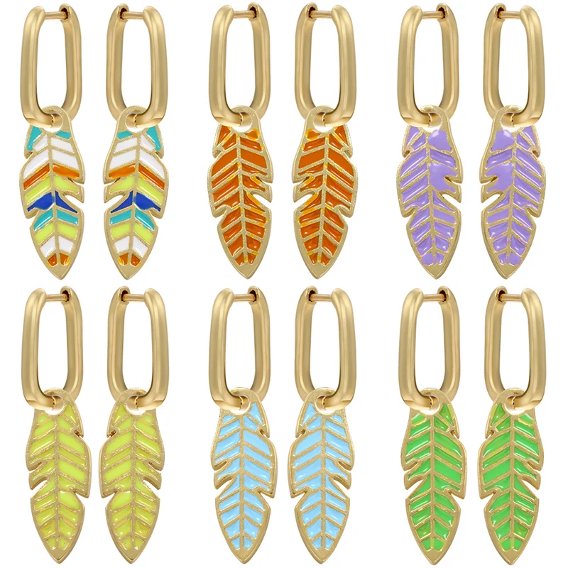 ZHUKOU gold color fallen leaves small hoop earrings creative enamel drop earrings for women fashion jewelry wholesale VE451