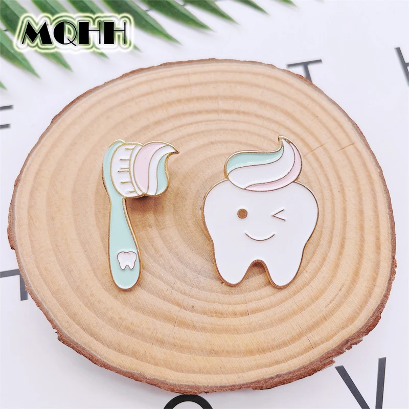 Cute Cartoon Fun Teeth Toothbrush Enamel Pins Smile Toothpaste Love Heart Fun Alloy Brooch Badge Clothes Woman Jewelry Gift