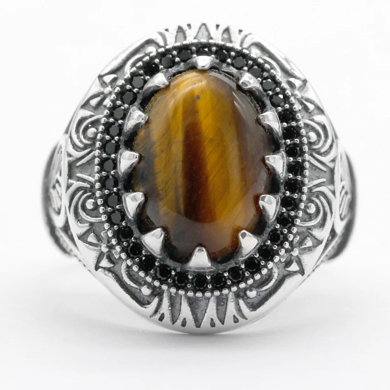 

New hot men's ring S925 sterling silver jewelry ring Turkish silver ring inlaid tiger eye stone ring