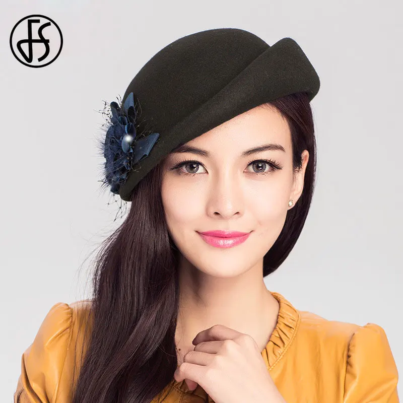 FS Elegant 100% Wool Beret French Women Hats Winter Black Fedora Church Hat Wedding Ladies Felt Flower Caps Pillbox Hat Chapeau