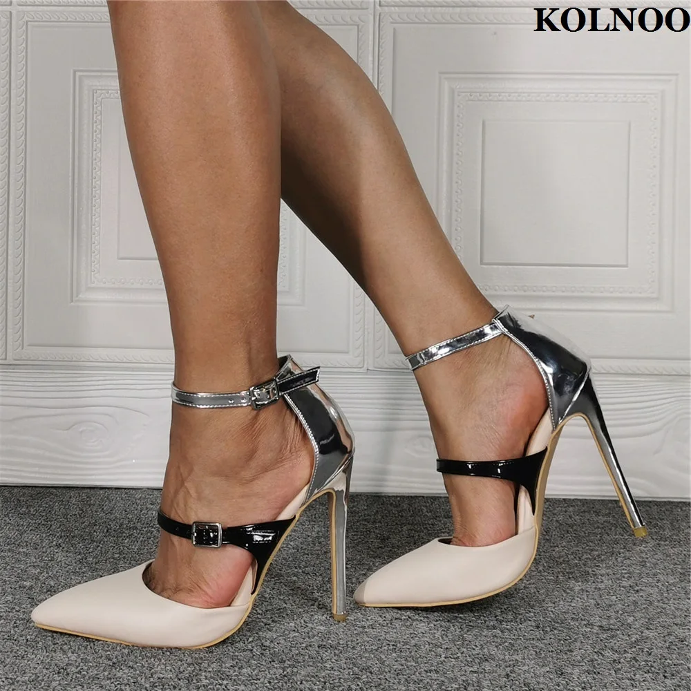 

Kolnoo New Classic Style Women Stiletto High Heel Pumps Two-tones Patchwork Buckle Ankle Strap Evening Fashion Party Dress Shoes