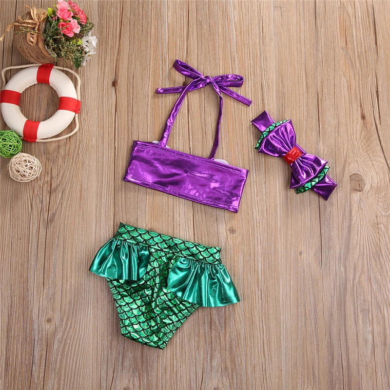 VISgogo 3Pcs Girls Mermaid Bikini Set Lace Up 3D Swimsuits Triangle Briefs Bowknot Elastic Headband Summer Swimwear Suit