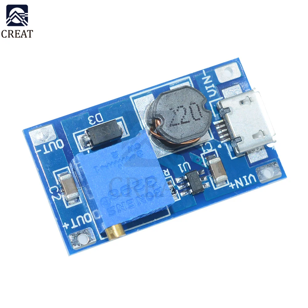 MT3608 DC-DC 2-24V to 5-28V 6V 12V 24V 2A Boost Step Up Converter Module with Micro USB Interface Adjustable 3296 Potentiometer