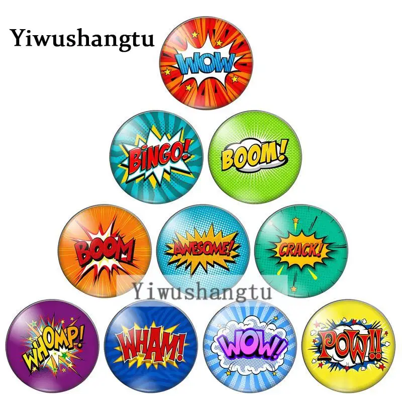 

Surprised words wordart wow boom carck painting 10mm/12mm/20mm/25mm Round photo glass cabochon demo flat back Making findings