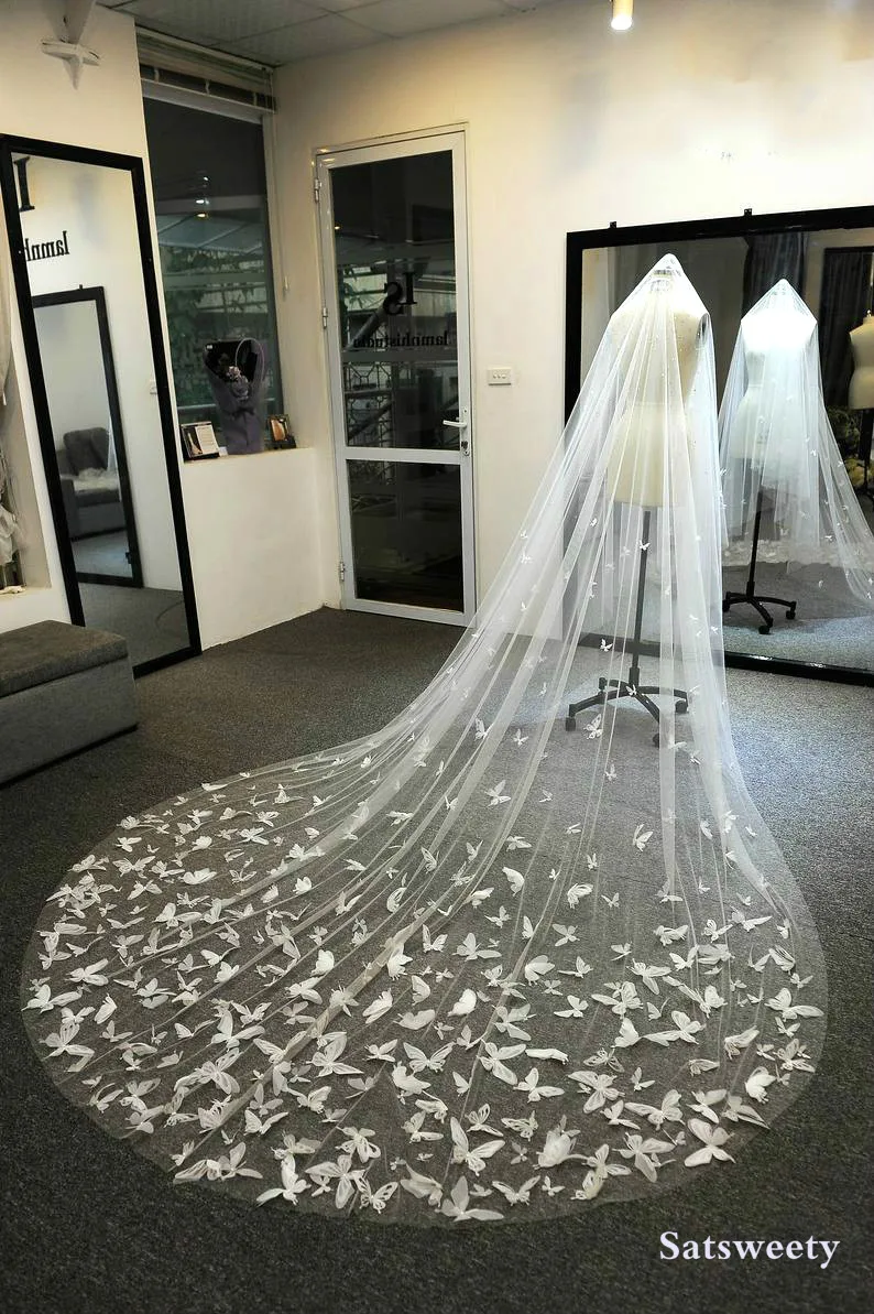 Voile de mariée en Tulle doux, personnalisé, blanc/ivoire, scintillant, papillon 3D, avec cristaux