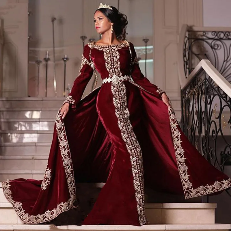 Mermaid Long Sleeves Velvet Evening Dresses burgundy  Karakou algerie Appliques Lace Detachable Skirt Formal Women prom Gowns