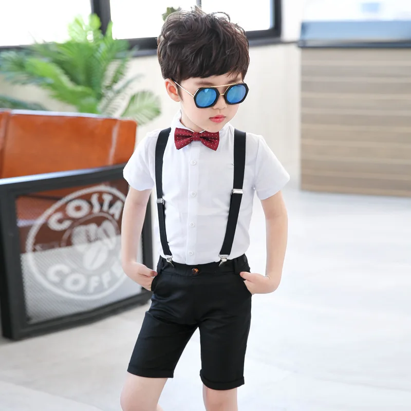 Boys Summer Formal White T Shirt +Shorts+Suspender+Tie 4PCS Clothing Set School Kids Dress Children Chorus Performance Costume