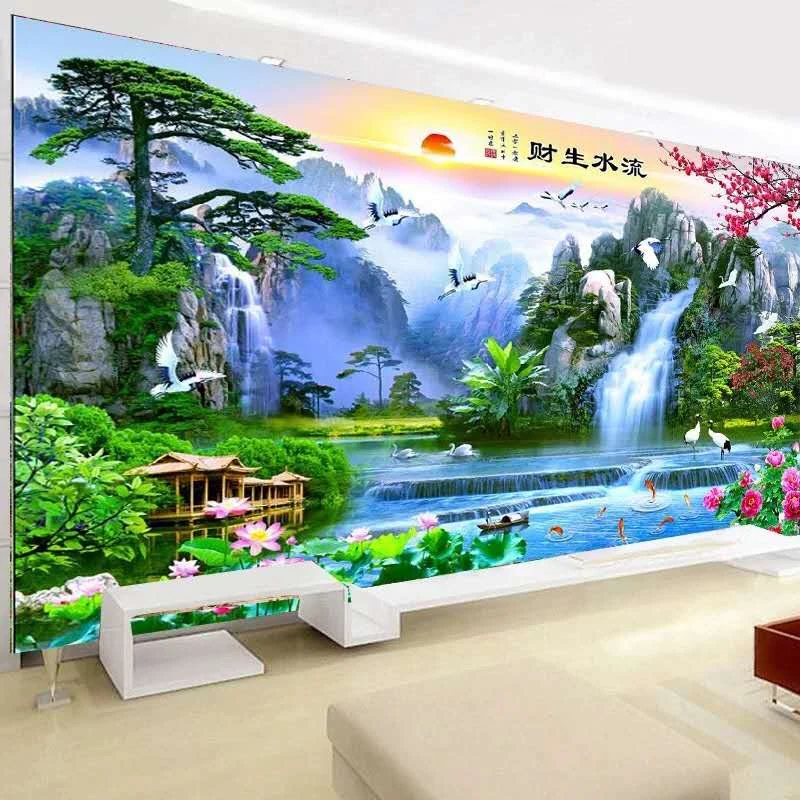 Custom Self-Adhesive Wallpaper 3D Chinese Style Landscape Waterfall Nature Scenery Photo Wall Mural Living Room TV Sofa Stickers