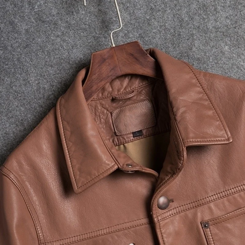 Mens Fashion Genuine Leather Short Jacket Brand Classic Vintage Coat Male Slim Turndown-Collar Single Breasted Casual Jackets