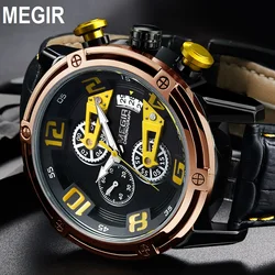 MEGIR Original Mens Genuine Leather Quartz Sports Chronograph Military Stop Watch Date Waterproof WristWatch Relogio Masculino