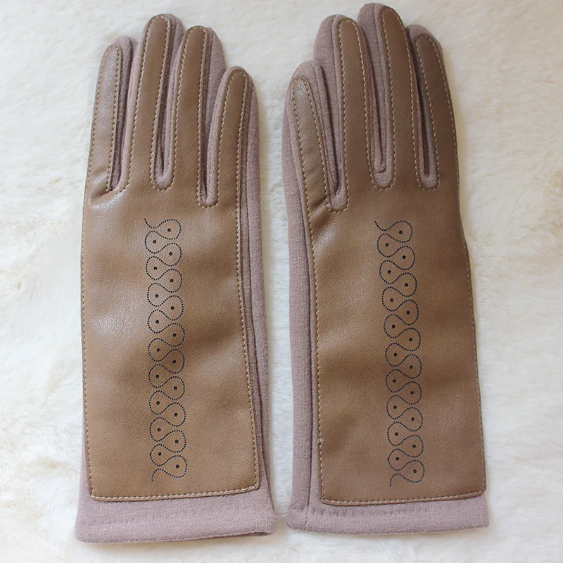 Women Winter Fashion Leather Fabric Keep Warm Gloves Personality Pattern Drive Windproof Thin Section Lattice Elegant Gloves