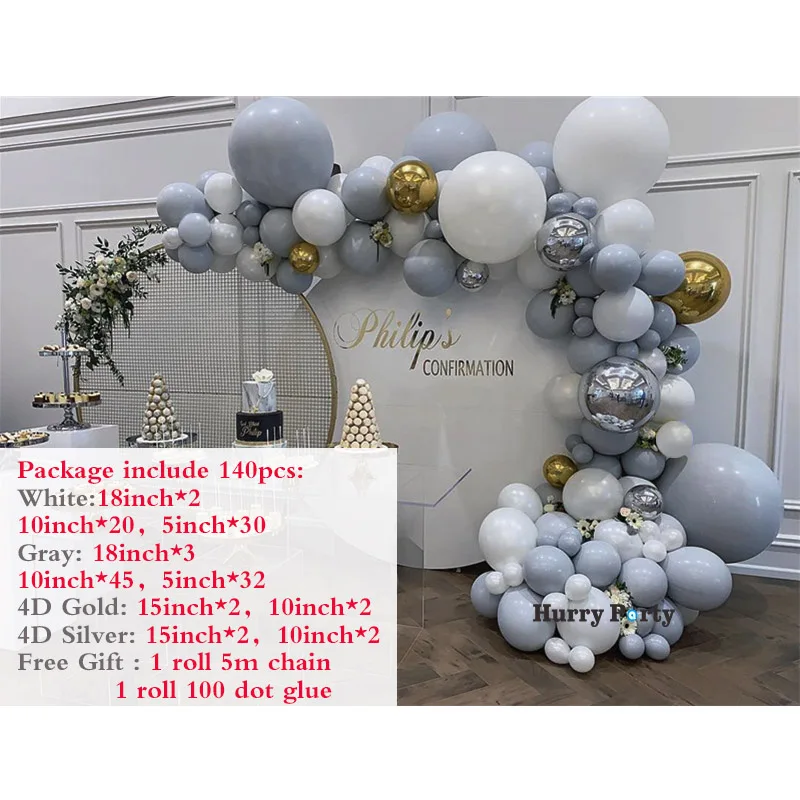 140Pcs Macaron Gray White Birthday Party Balloon Garland Arch Kit 4D Gold Foil Balloon For Baby Shower Weddings Party Decoration