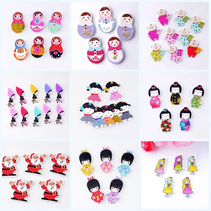 Free shipping -30PCs Random Mixed Lovely Dolls 2 Holes Wood Bakelite DIY Painting Sewing Buttons Scrapbooking 15-40mm