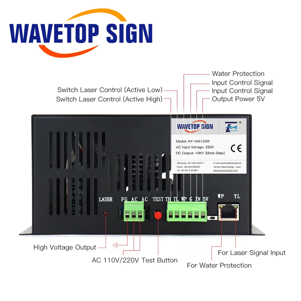 WaveTopSign 120W CO2 Laser Power Supply Source HY-WA120 for CO2 Laser Engraving and Cutting Machine Long Warranty