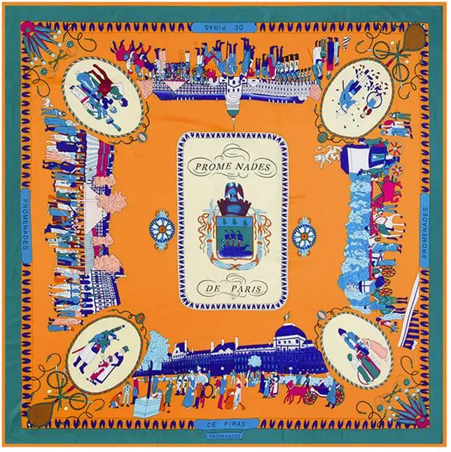 

130cm Twill Silk Scarf Wandering In Paris Design Women Scarves Large Bandana Kerchief Hijab Female Head Scarf Foulards