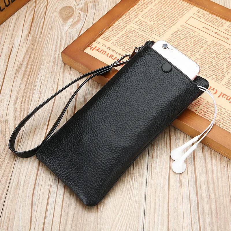 100% Cowhide Leather Male Clutch Large Capacity Men's Handbag for Cell Phone Mutifuctional Satchel Fashion Wallet for Cards Purs