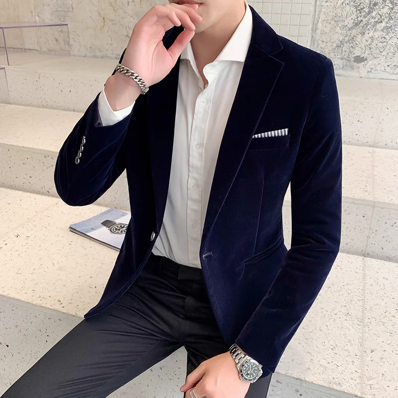 Fall Winter Gold Velvet Blazer High Quality Slim Fit Suit Jacket Fashion Casual Men Groom Singer Costume Formal Evening Dress