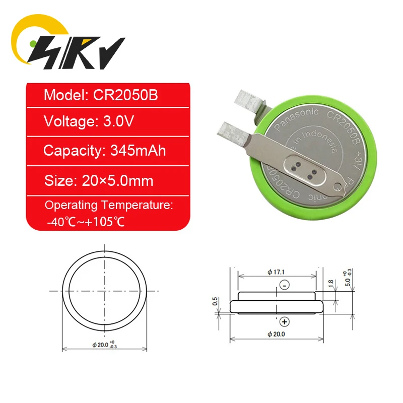 2PCS CR2050B 3V Button Battery For Tire Pressure Monitoring System With Solder Pins CR2050HR