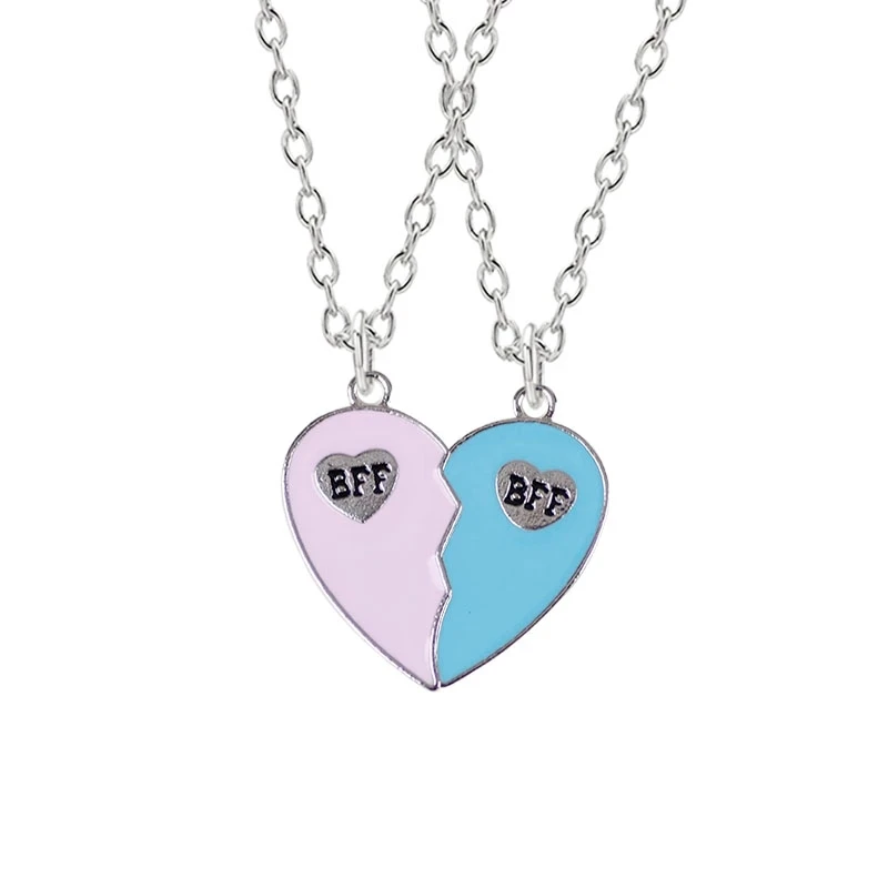 Hot Couple Pink Blue Heart Broken Best Friends Necklace Pendant Chain BFF Friendship Cute Jewelry Gifts For Kids 2PCS/Set