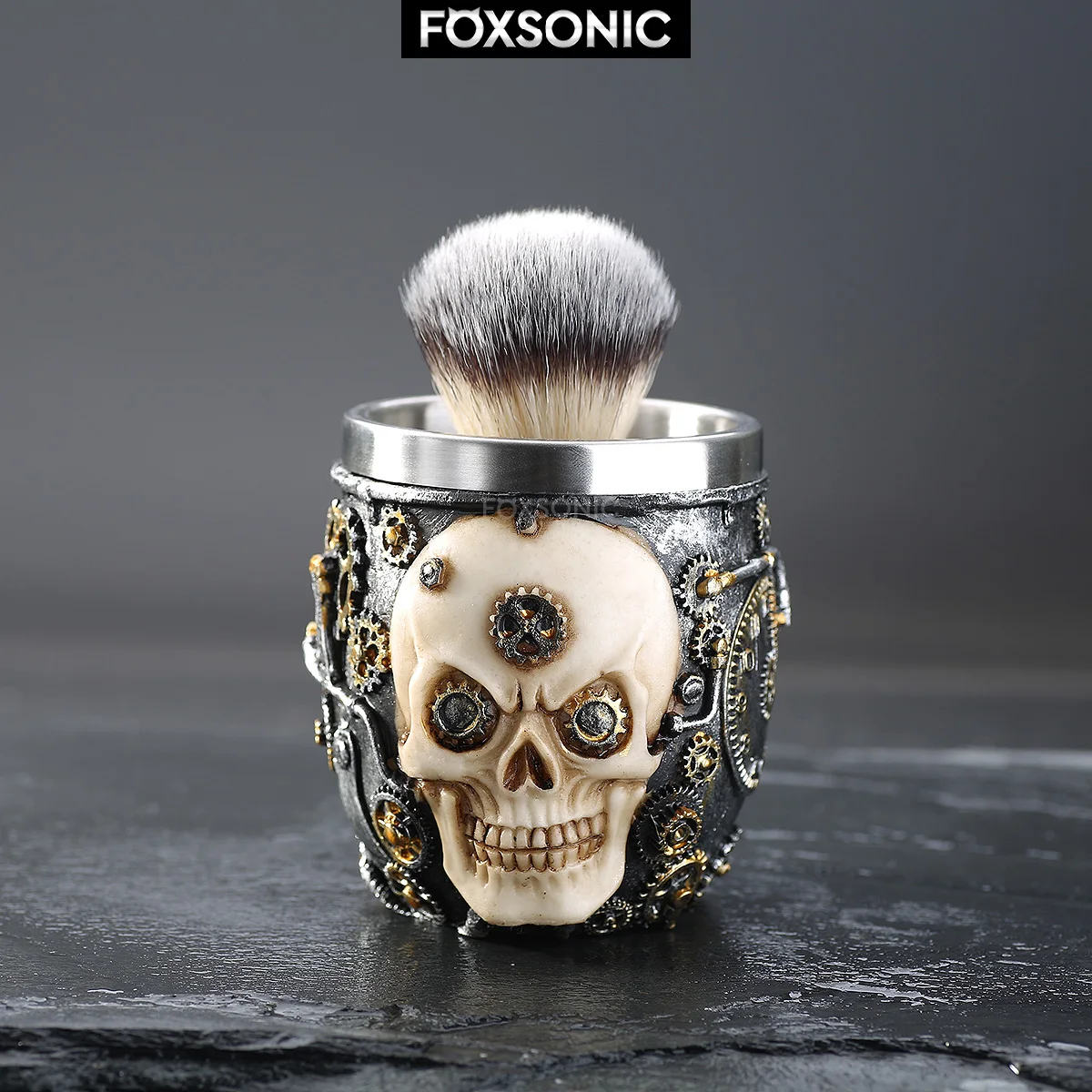 FOXSONIC-Juego de brochas de afeitar con cabeza de calavera para hombre, Kit de brochas de afeitar para peluquería, Set de afeitado de barba